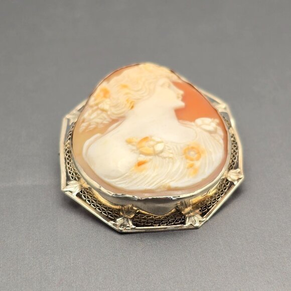 Antique 14K White Gold Cameo Brooch/Pendant 2" Filigree Frame 13.72g 44x36mm - Picture 9 of 16